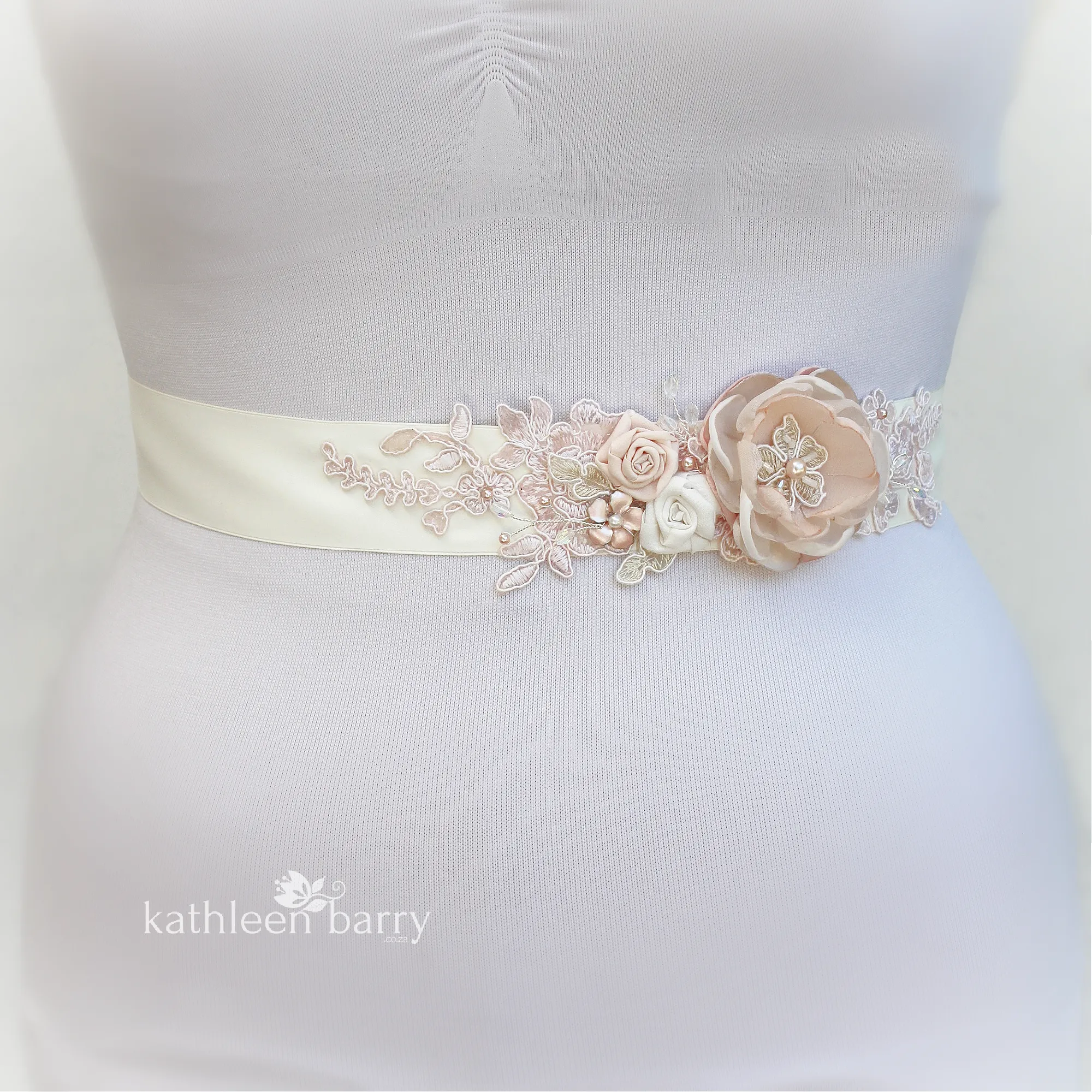 Sophia Wedding dress sash belt - floral with lace - Blush pink - soft pink