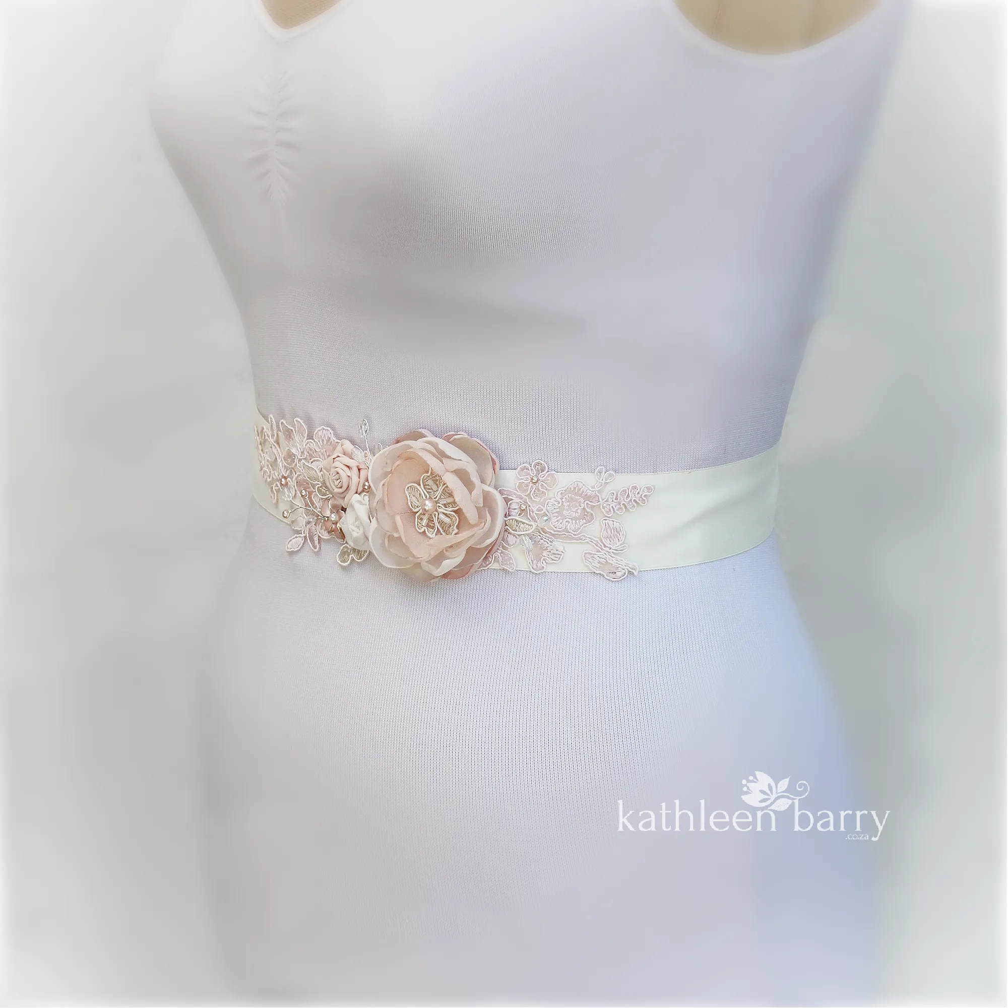 Sophia Wedding dress sash belt - floral with lace - Blush pink - soft pink