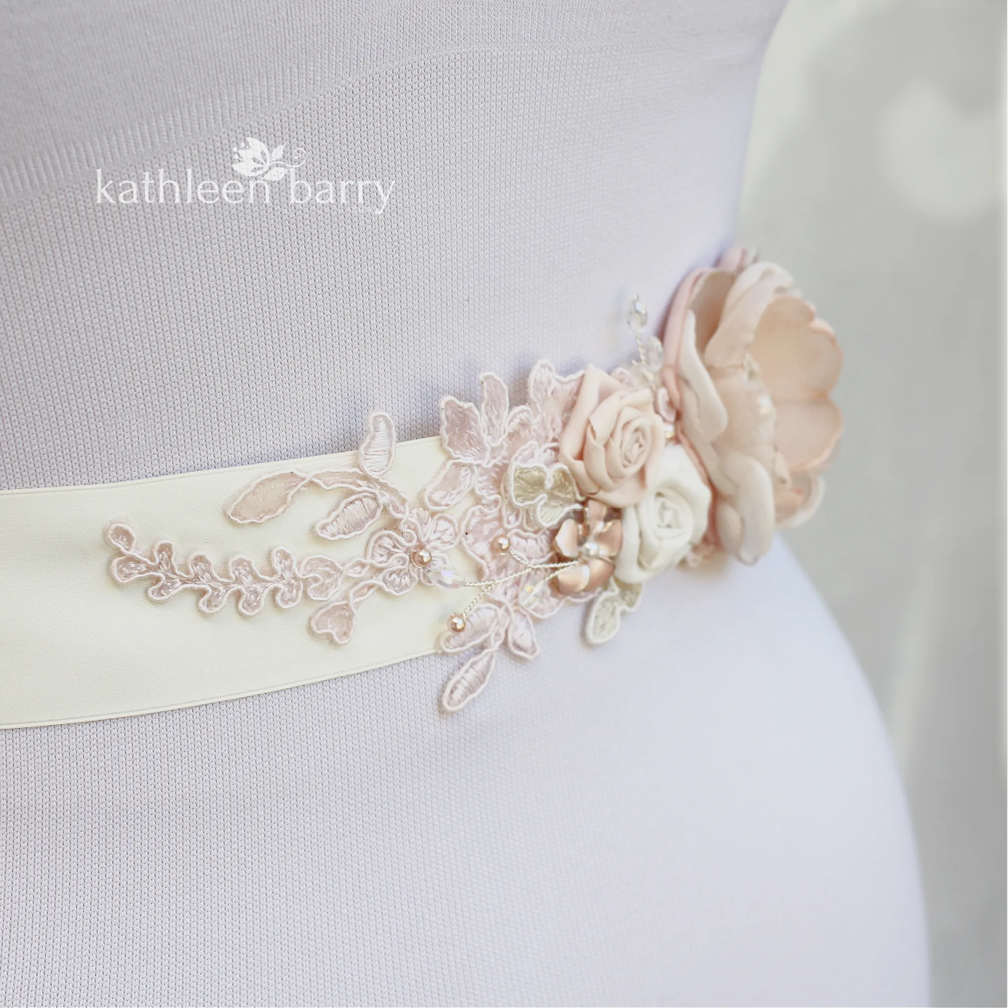 Sophia Wedding dress sash belt - floral with lace - Blush pink - soft pink