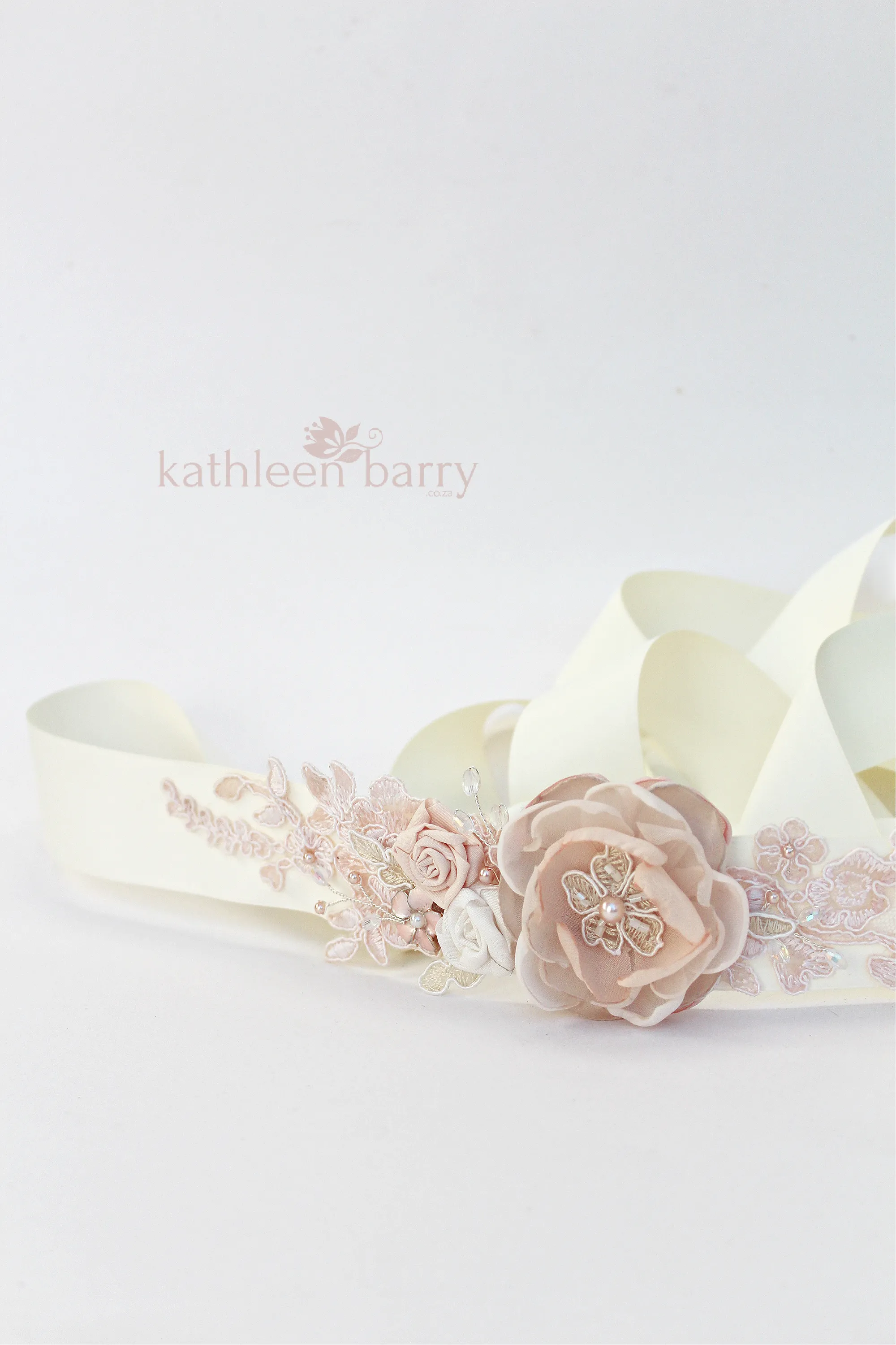 Sophia Wedding dress sash belt - floral with lace - Blush pink - soft pink