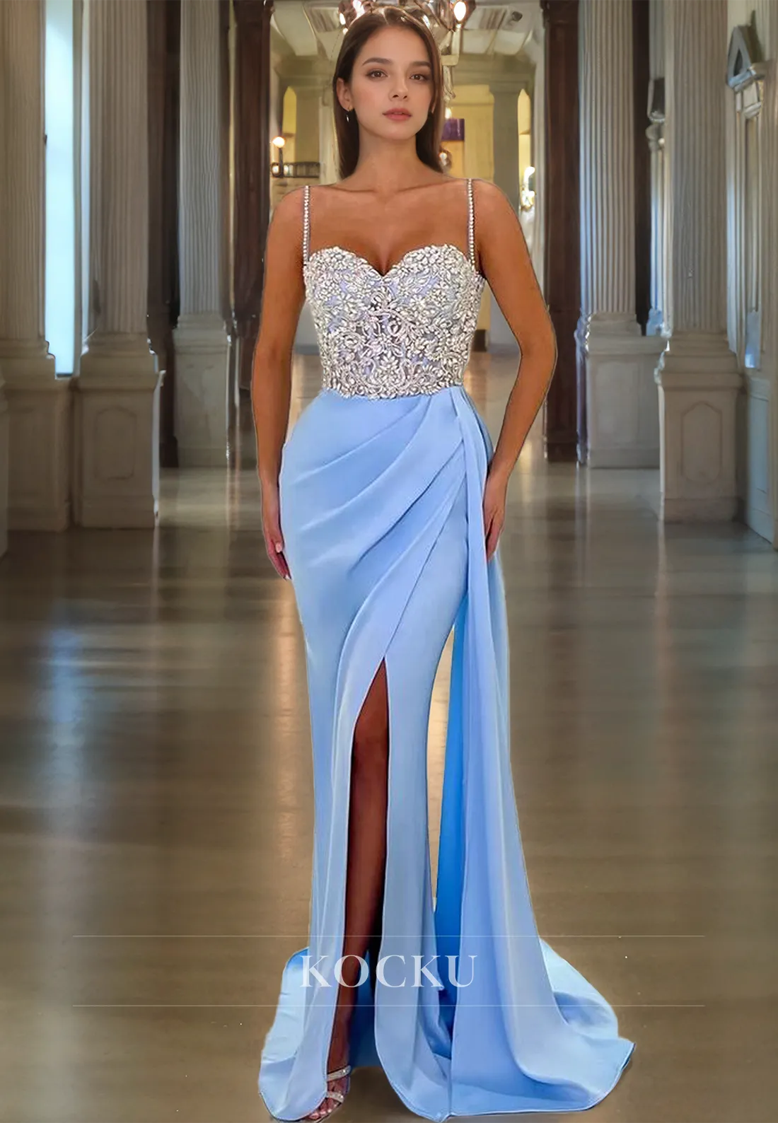 Spaghetti Straps Mermaid Prom Dress Sleeveless Pleated Appliques Formal Gown with Train