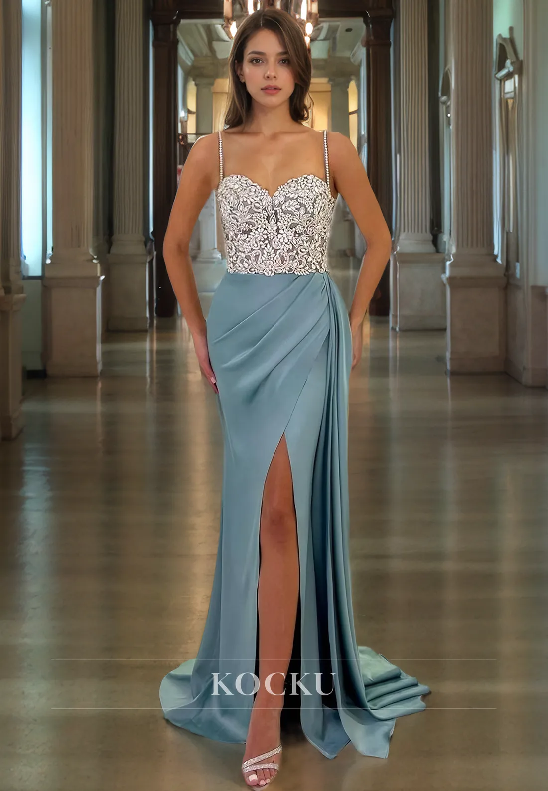 Spaghetti Straps Mermaid Prom Dress Sleeveless Pleated Appliques Formal Gown with Train