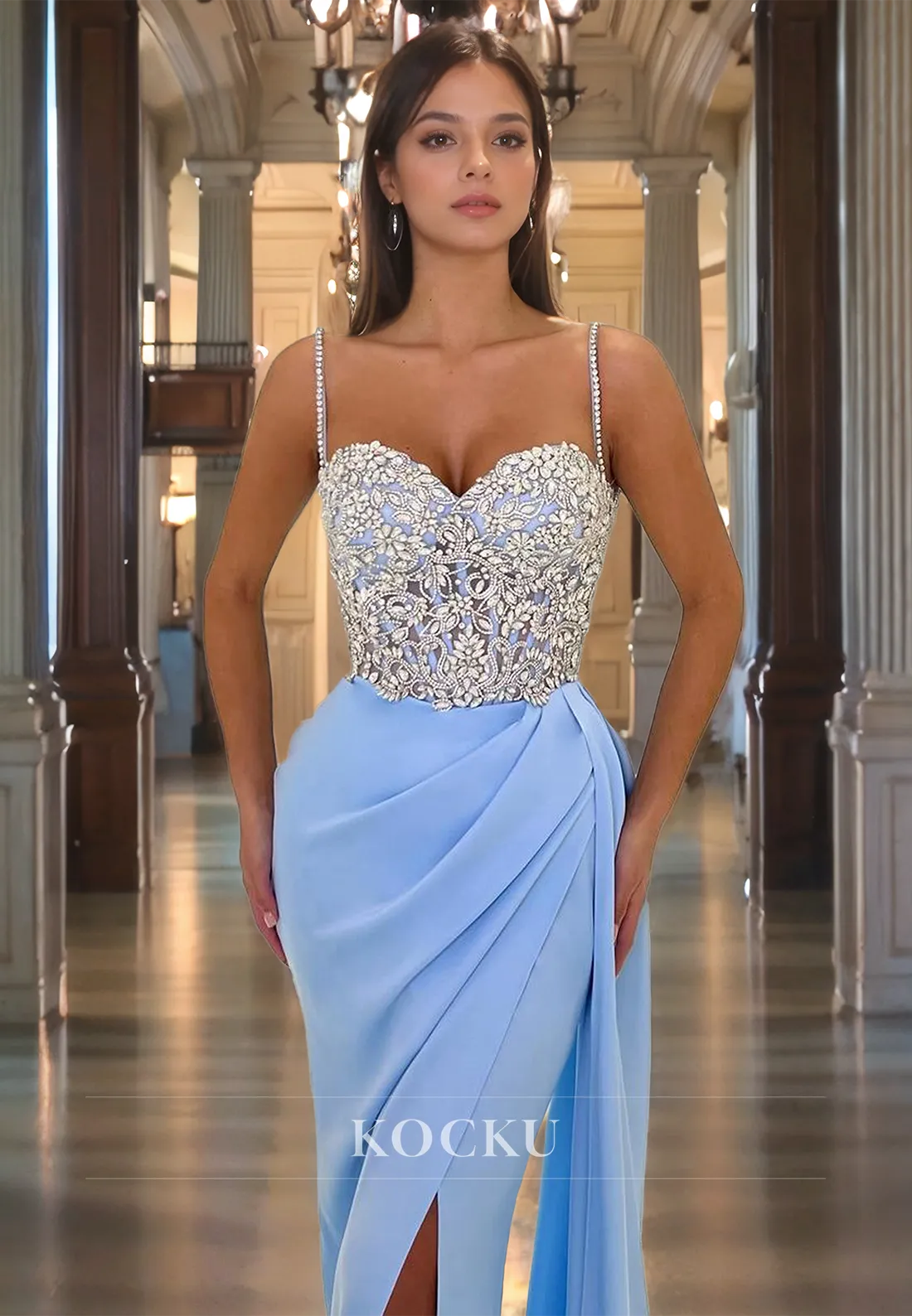 Spaghetti Straps Mermaid Prom Dress Sleeveless Pleated Appliques Formal Gown with Train