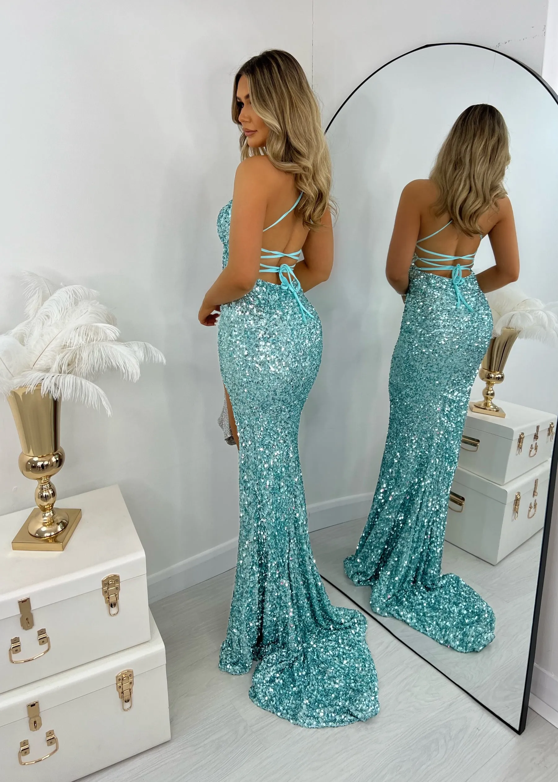 Tiff Sequin Split Gown - Aqua