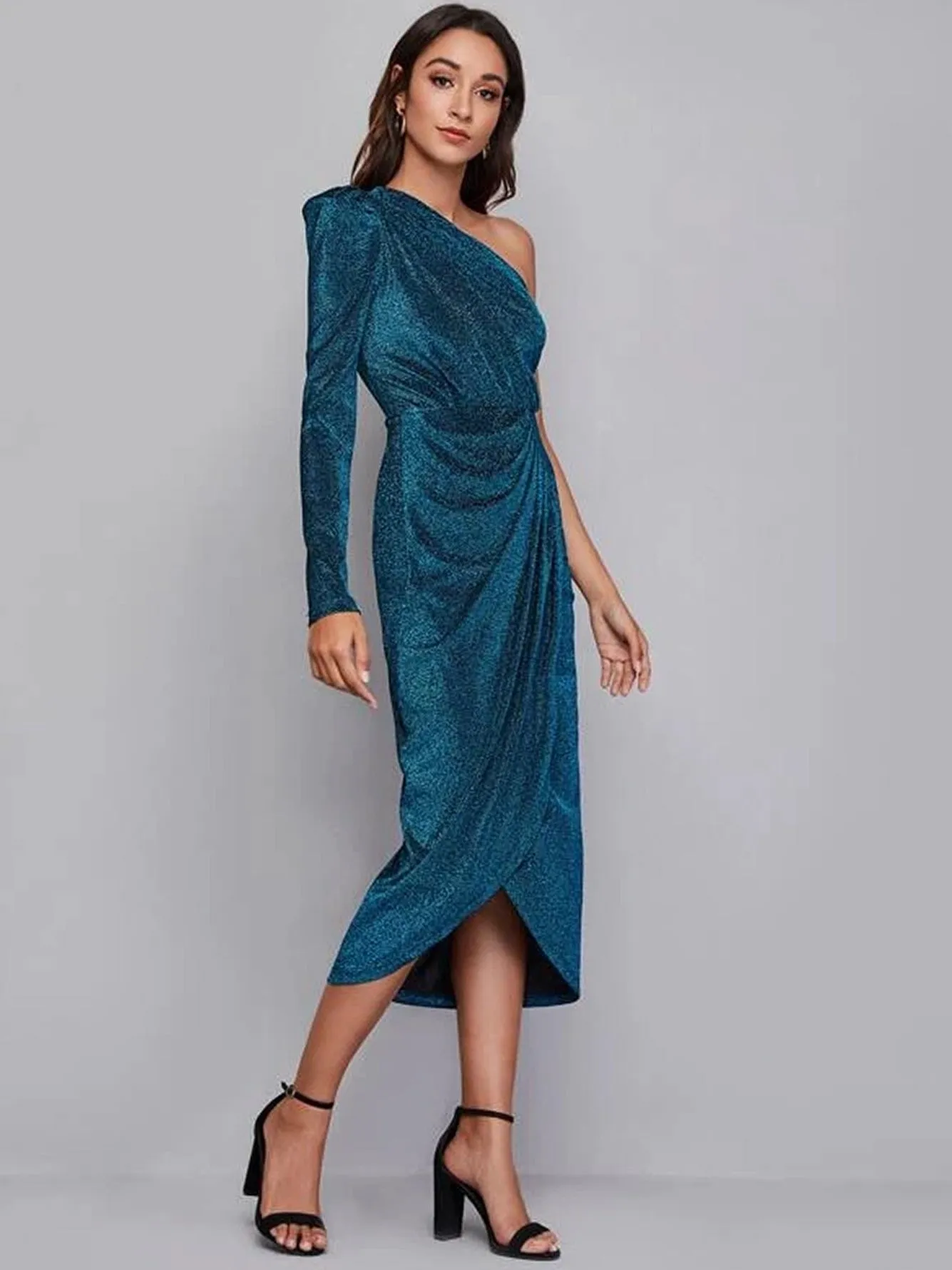 Una One-Shoulder Blue Midi Cocktail Dress