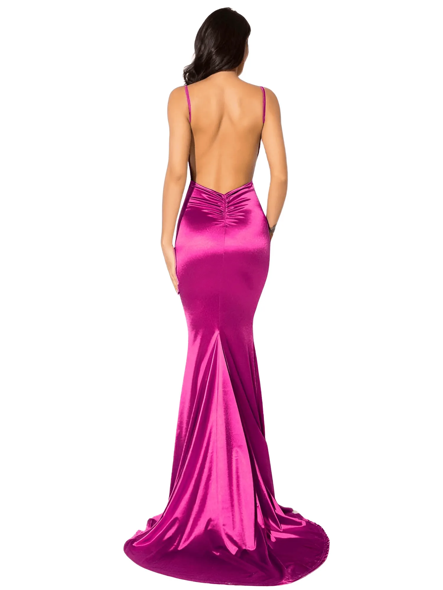 Women's Backless Maxi Dress Ruched High Split Satin