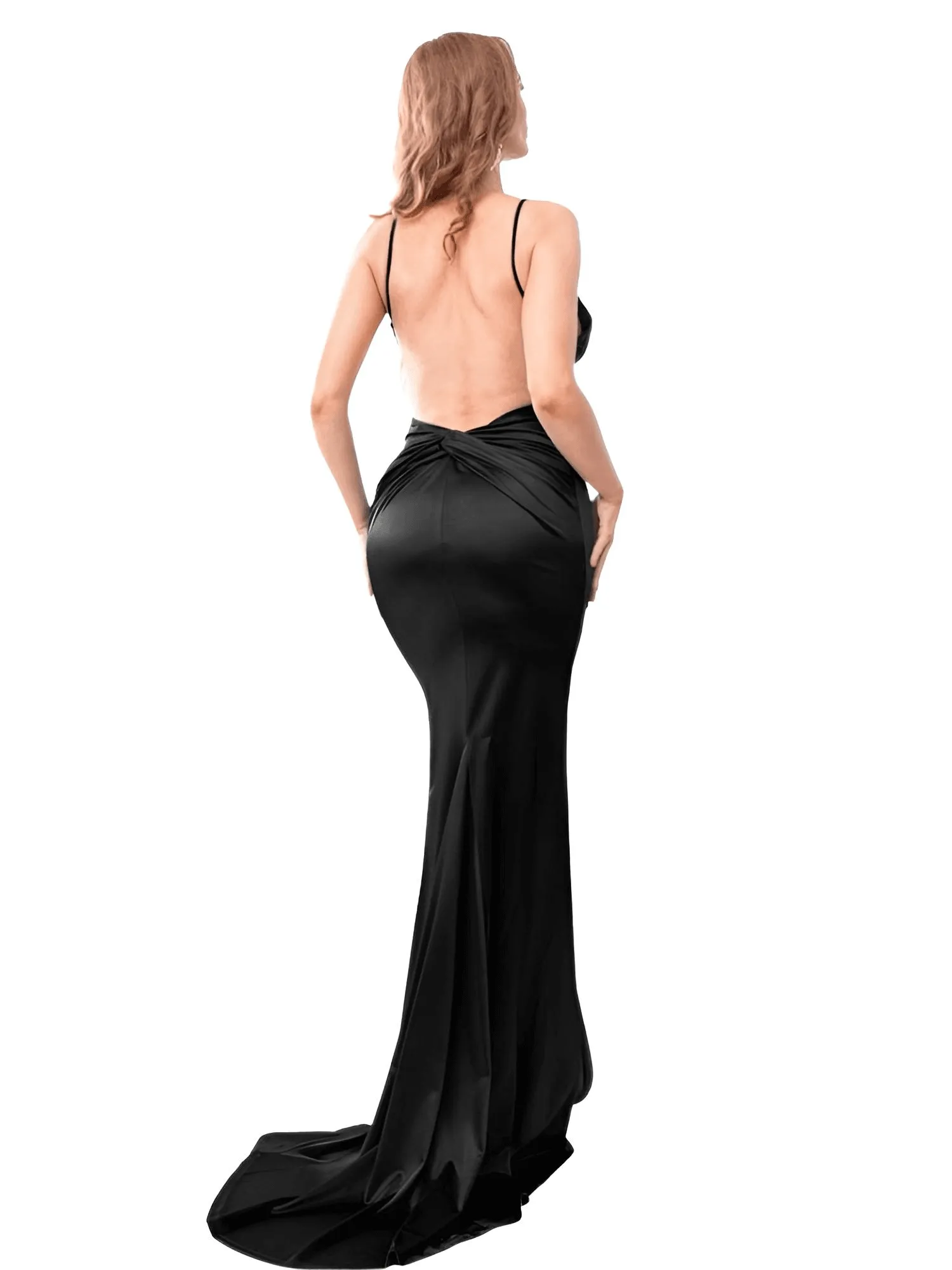 Women's Backless Maxi Dress Ruched High Split Satin