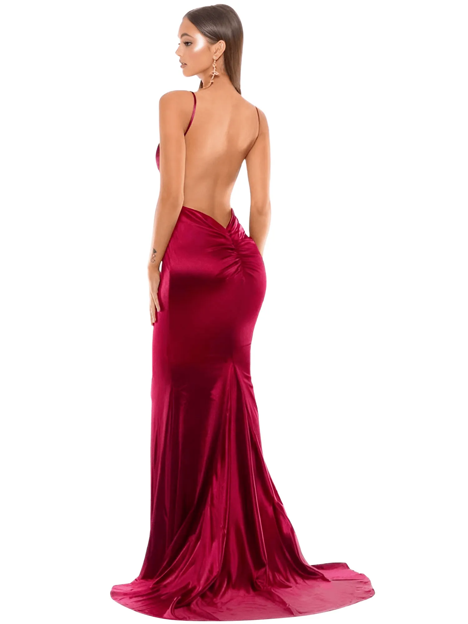 Women's Backless Maxi Dress Ruched High Split Satin