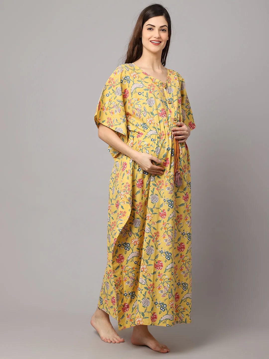 Women's Cotton Floral Print Maternity Kaftan With Feeding Zipper