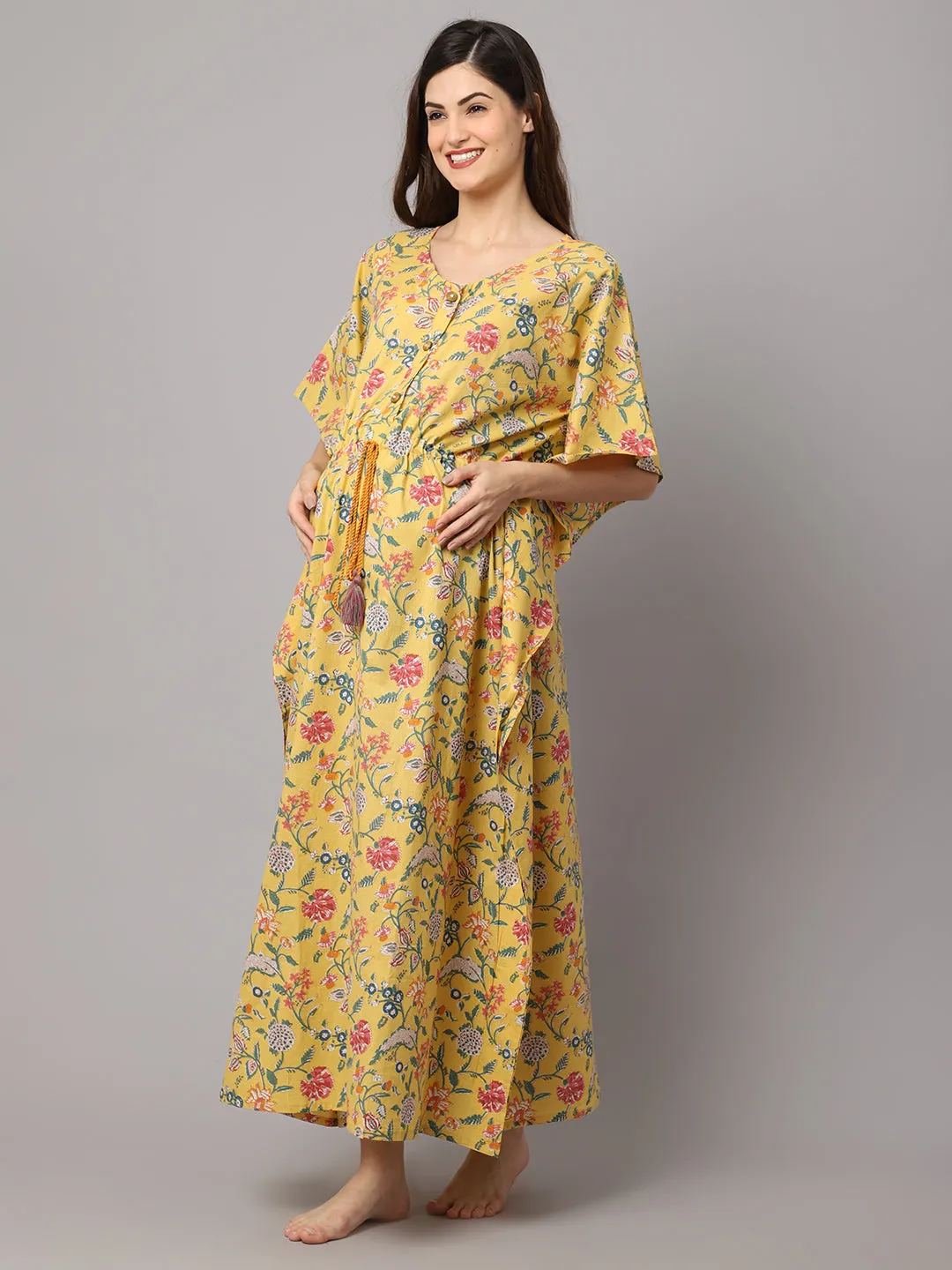 Women's Cotton Floral Print Maternity Kaftan With Feeding Zipper