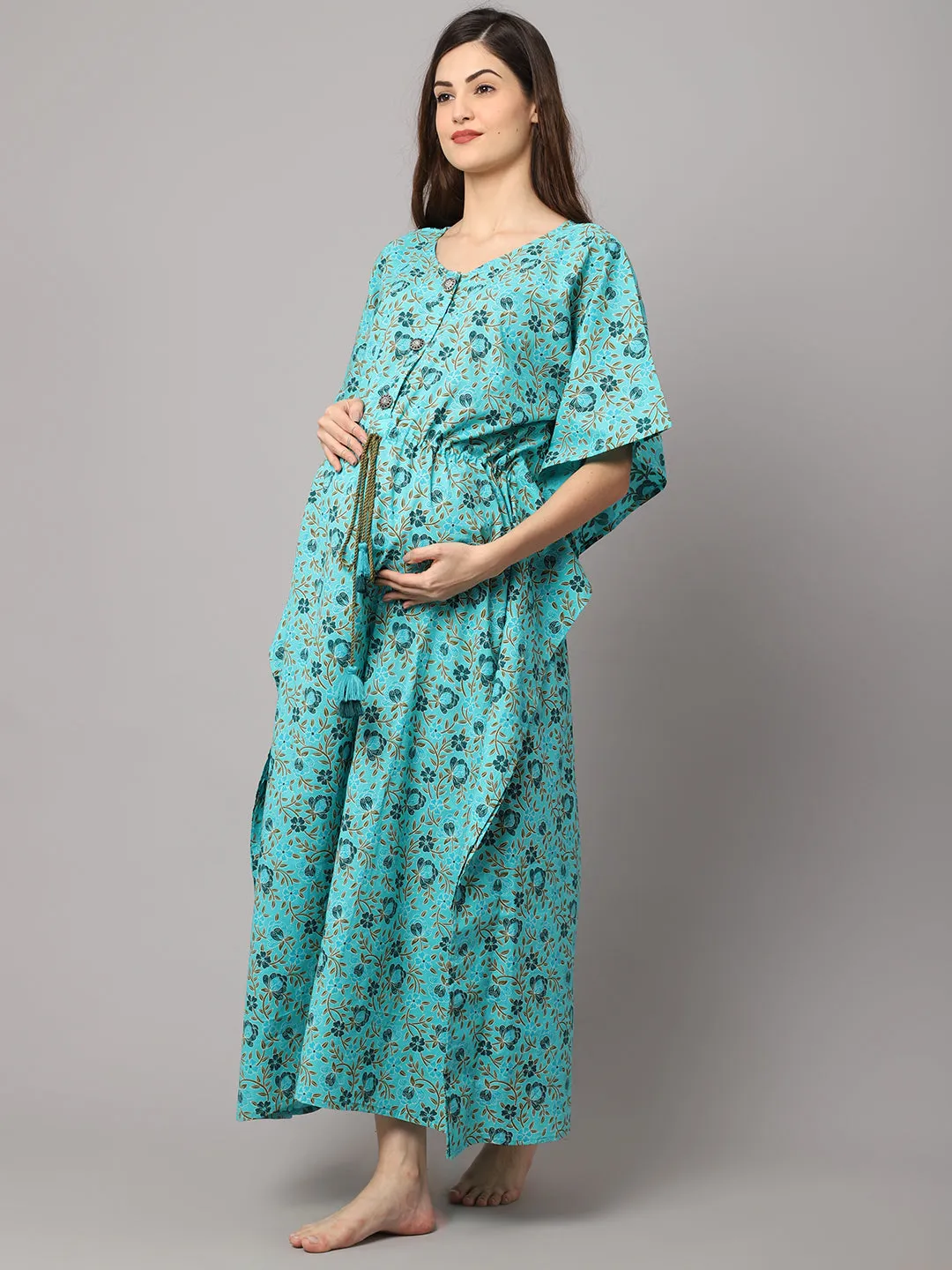 Women's Cotton Floral Print Maternity Kaftan With Feeding