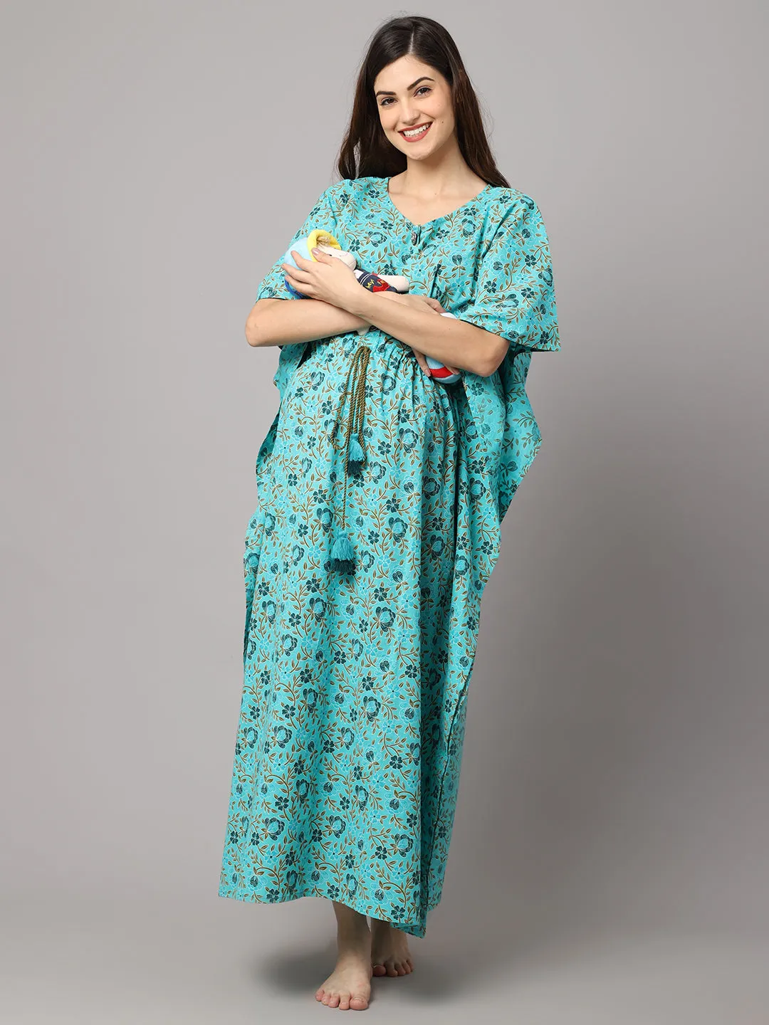 Women's Cotton Floral Print Maternity Kaftan With Feeding