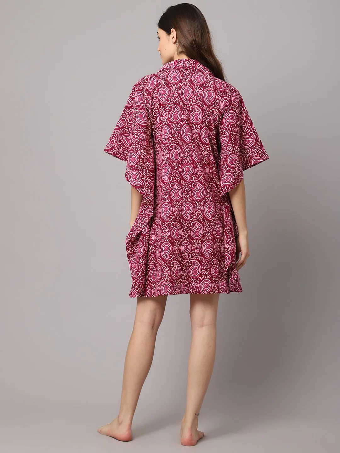 Women's Floral Print Short kaftan-Dark Pink