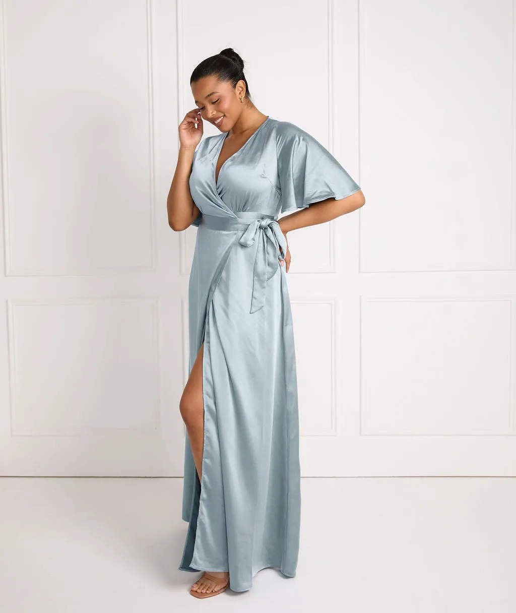 Wrap Tie Satin Bridesmaid Dress - Dusty Blue